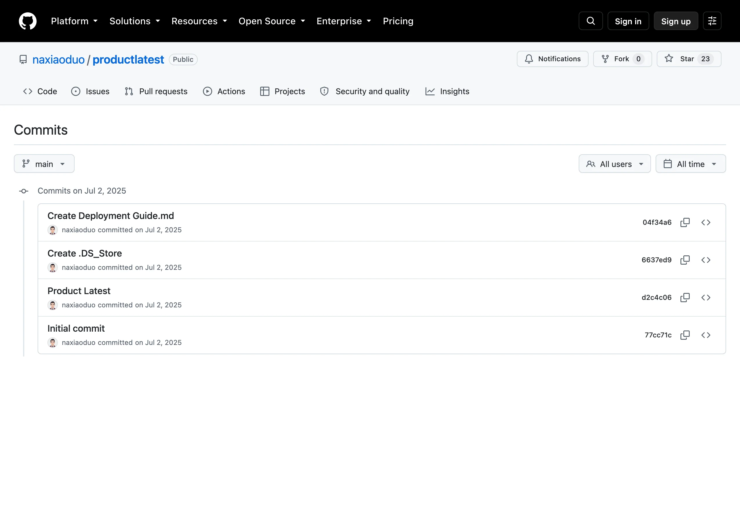 Product Latest 是什麼?免費把 Product Hunt 產品做成分享卡 4 Product Latest 的 GitHub 儲存庫提交紀錄頁面,四筆提交全部集中在 2025 年 7 月 2 日