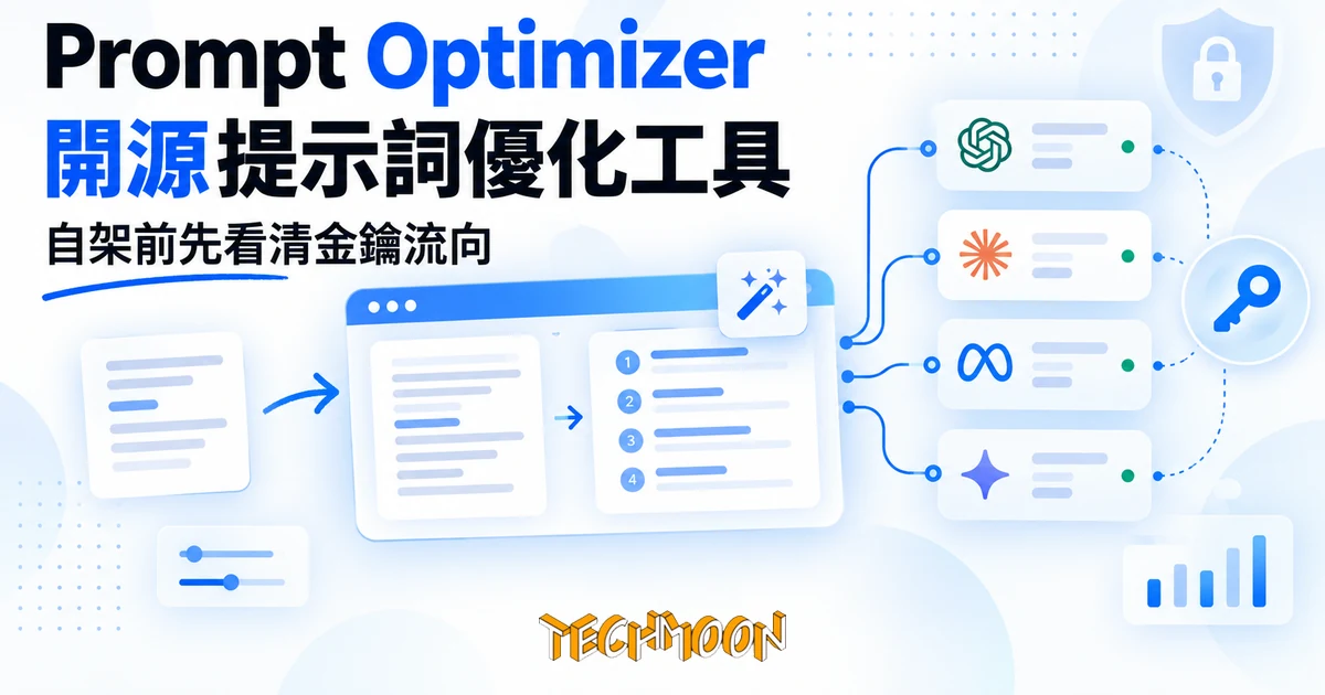 開源提示詞優化工具 Prompt Optimizer,自架前先看清金鑰流向 1 TechMoon 精選圖|開源提示詞優化工具的概念視覺:提示詞文字卡在藍色編輯風格面板中被改寫重組成結構化清單,旁邊連向多個 AI 模型端點節點與一把鑰匙圖示