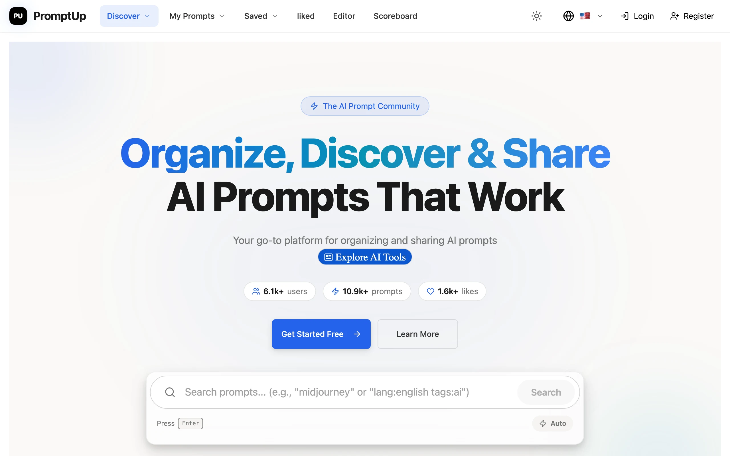 PromptUp 提示詞平台實測,公開內容九成是站方自己搬的 2 PromptUp 官方首頁,統計列顯示 6.1k+ 用戶、10.9k+ prompts 與 1.6k+ likes