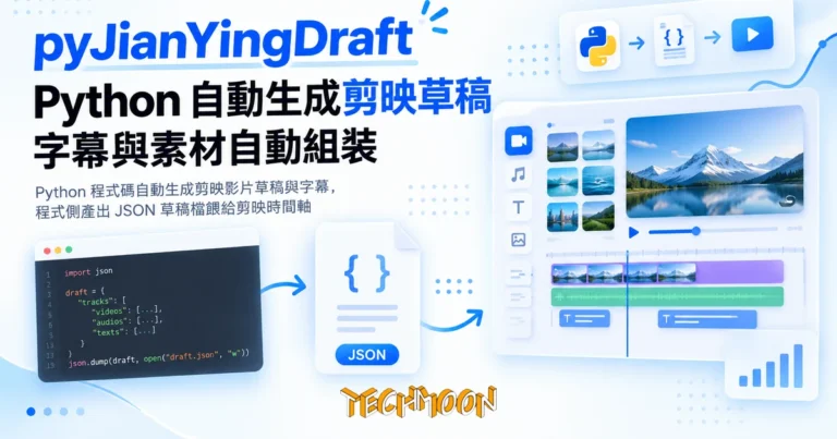 pyJianYingDraft 開源實測,用 Python 把剪映草稿與字幕自動組好 1 TechMoon 精選圖|Python 程式碼自動生成剪映影片草稿與字幕,程式側產出 JSON 草稿檔餵給剪映時間軸