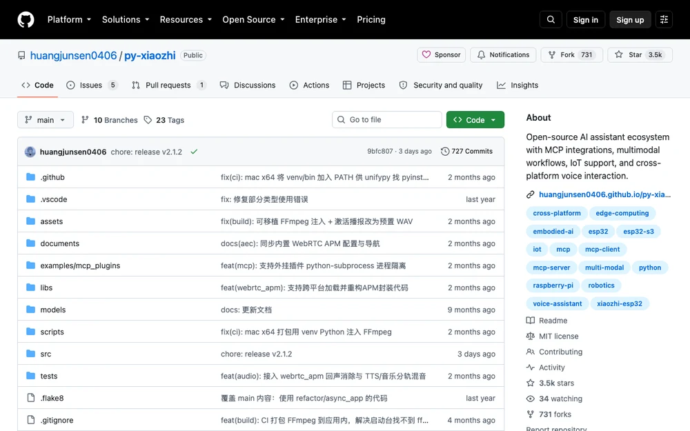 py-xiaozhi 實測:免硬體跑小智 AI 語音助理,啟動先綁帳號 3 py-xiaozhi 的 GitHub 專案頁面,顯示 MIT 授權與 3400 以上 star 數