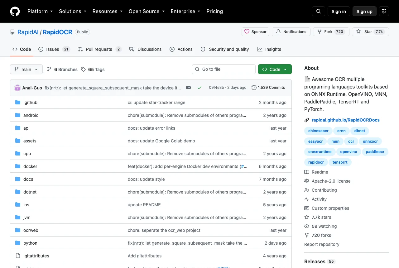 RapidOCR 開源 OCR 實測:離線就能跑,繁中直接用預設模型 3 TechMoon 截圖|RapidOCR GitHub 專案頁:Apache-2.0 授權與七千七百多顆星