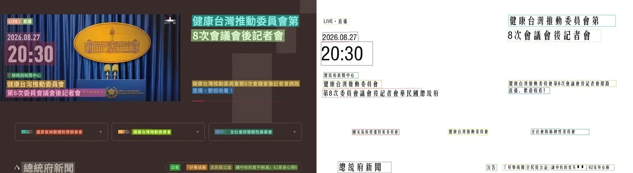 RapidOCR 開源 OCR 實測:離線就能跑,繁中直接用預設模型 2 TechMoon 截圖|RapidOCR 預設模型辨識總統府首頁截圖的偵測框與逐行輸出