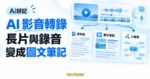 TechMoon 精選圖｜AI 影音轉錄將長影片與會議錄音整理為逐字稿、圖文筆記與心智圖的流程示意