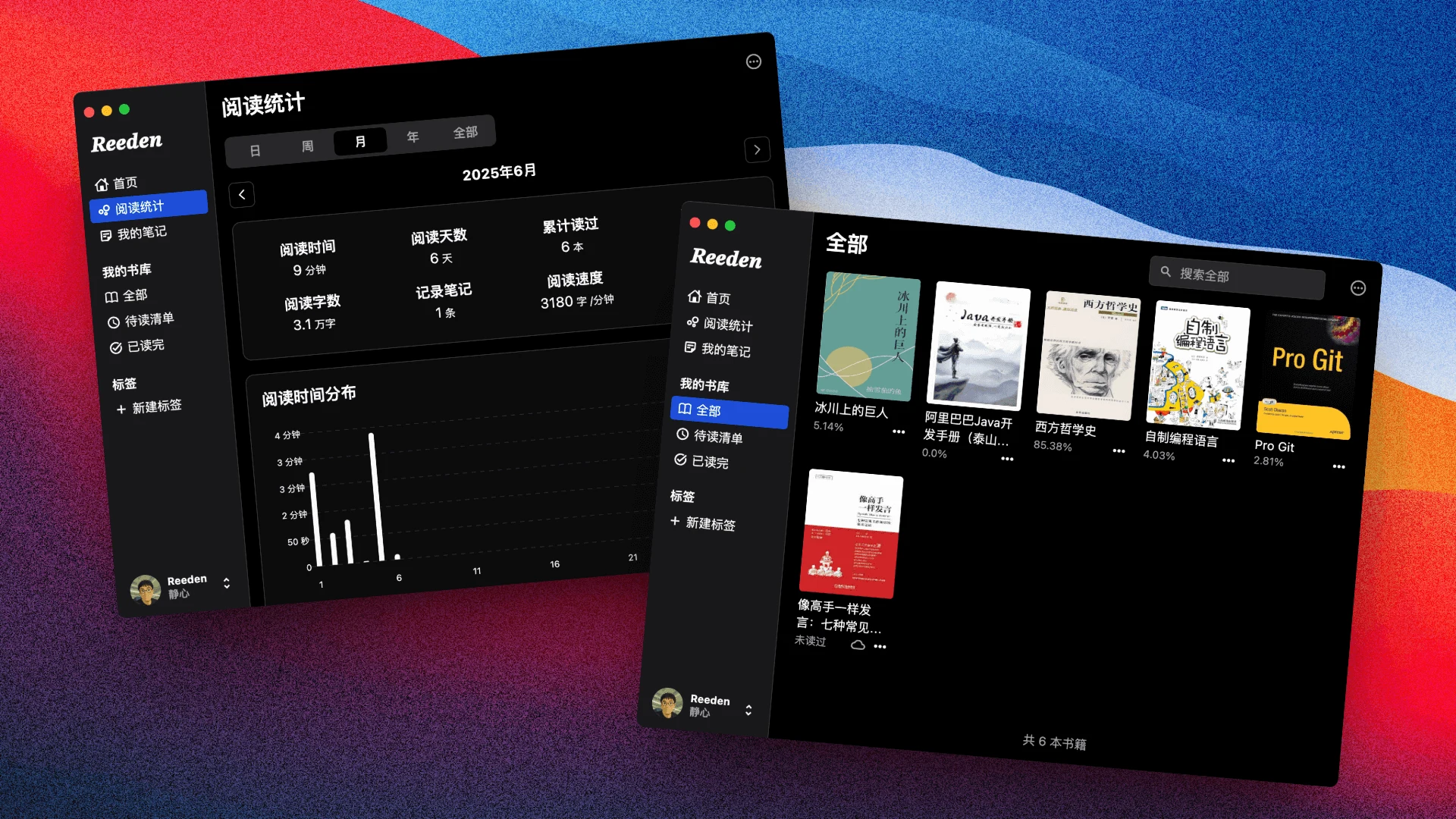 Reeden 桌面版官方預覽，左側書庫列表與右側閱讀統計圖表並列