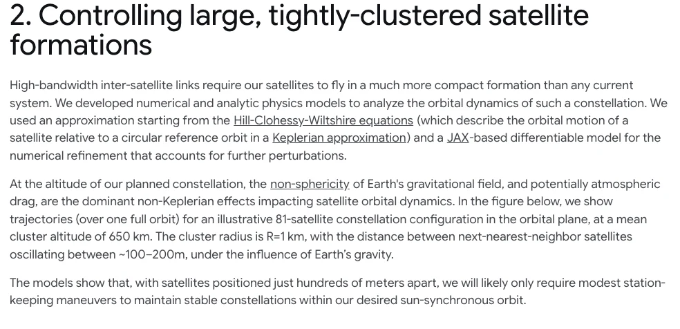 Google Research 文章的衛星叢集構型段落截圖，記錄 81 顆衛星、平均高度 650 公里、叢集半徑 1 公里、次近鄰衛星之間的距離在 100 到 200 公尺之間變動