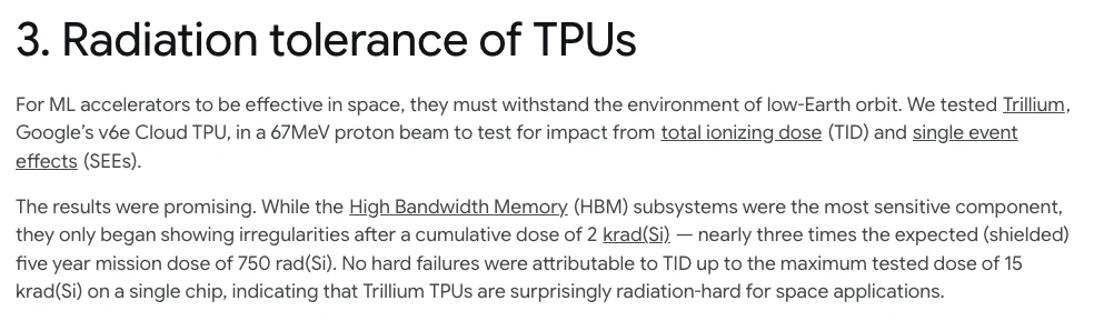 Google Research 文章輻射測試段落截圖，記錄 Trillium 即 Google 的 v6e Cloud TPU，在 67MeV 質子束測試，高頻寬記憶體在累積 2 krad 後才出現異常，約為五年任務劑量 750 rad 的近三倍，最高測到 15 krad 無永久性故障