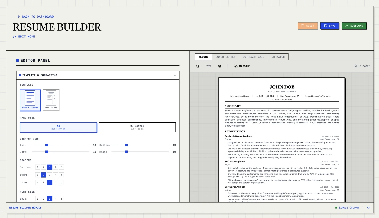 Resume Matcher 開源履歷工作台:AI 本地或雲端自己選 3 Resume Matcher 履歷建構器介面,左側編輯區塊與右側即時預覽並列,預覽含履歷與求職信頁籤