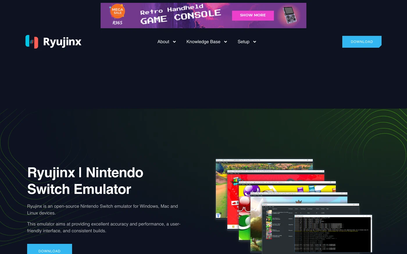 遊戲模擬器清單 Awesome-GameEmulator,照用前先分清死活 3 ryujinx-emulator.com 首頁截圖,做成 Ryujinx 官網樣式,頂端掛著復古掌機促銷廣告,設有下載按鈕與知識庫選單