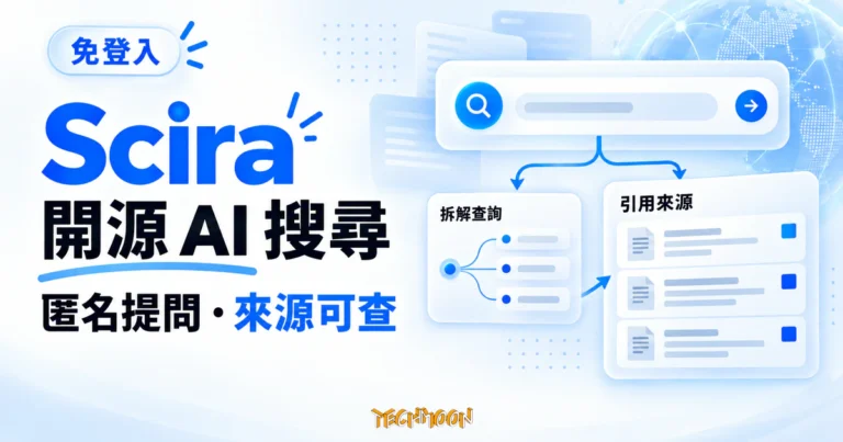 TechMoon 精選圖｜Scira 開源 AI 搜尋引擎，以搜尋框、分支查詢與來源文件呈現匿名搜尋及多步驟引用概念