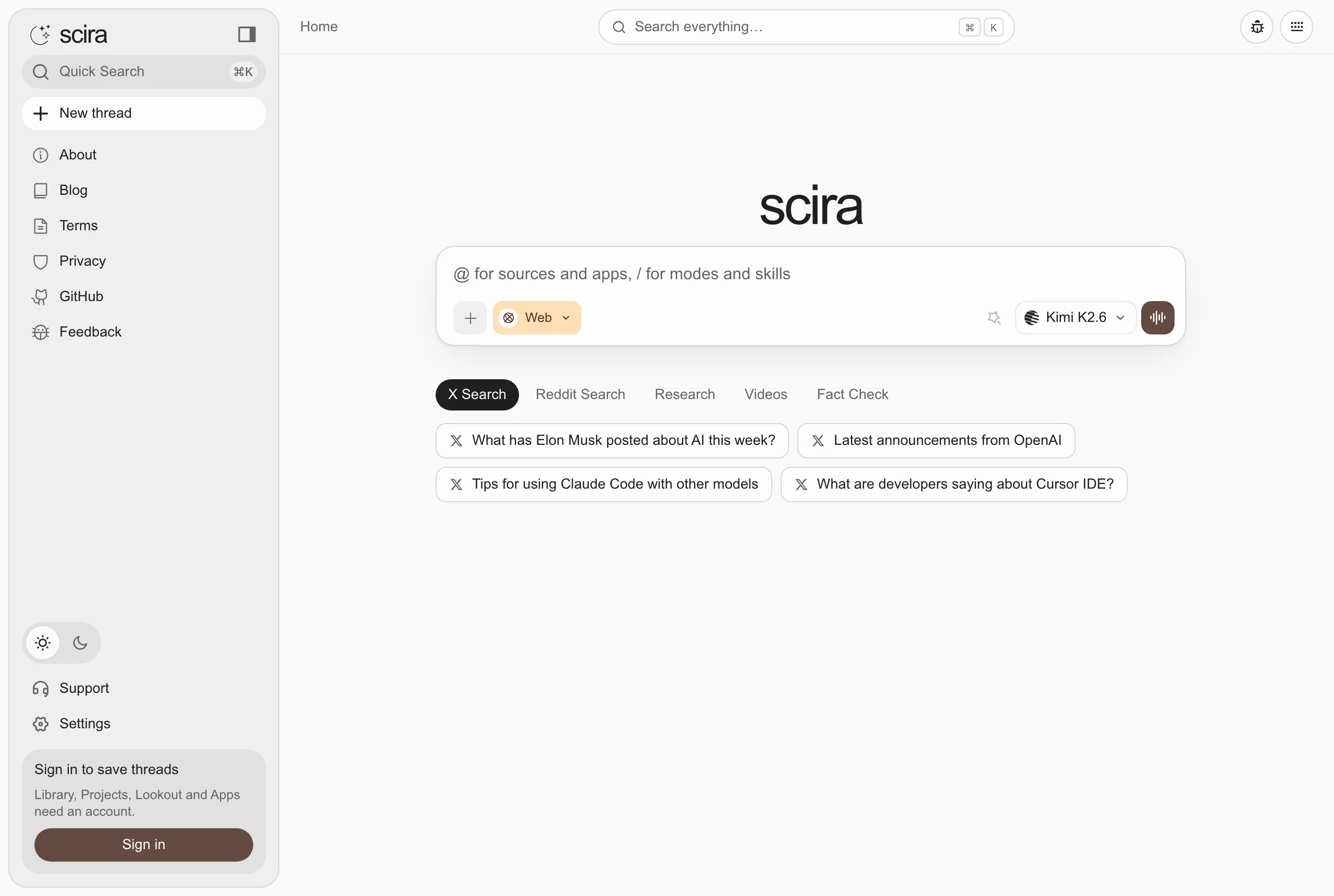 Scira 開源 AI 搜尋引擎:匿名就能搜,自架代價一次看清 2 Scira 首頁介面:中央搜尋輸入框、來源與模型選擇器和模式分頁