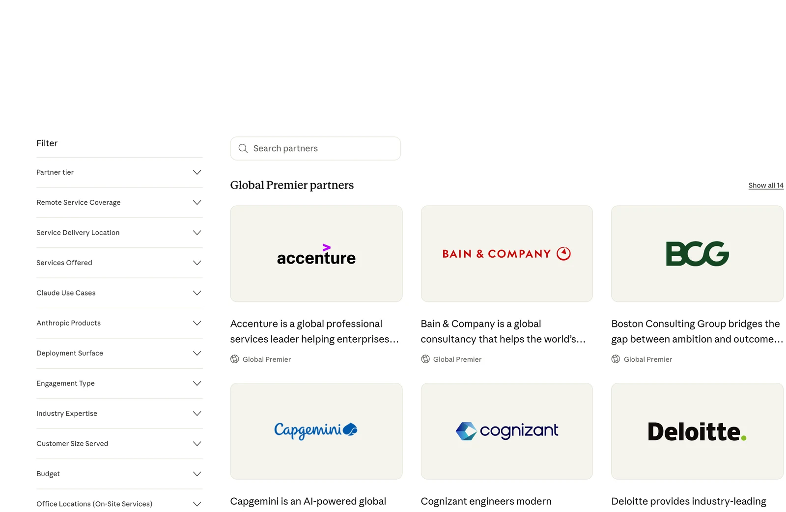 Claude Marketplace 服務夥伴目錄頁截圖，Global Premier partners 區塊顯示 Show all 14 按鈕，Accenture 卡片列有 779,000 名員工的公司自述文字與 Global Premier 標籤