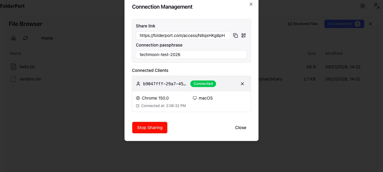 FolderPort 實測:免安裝免註冊,瀏覽器把資料夾直傳對方 3 FolderPort 分享端連線管理視窗
