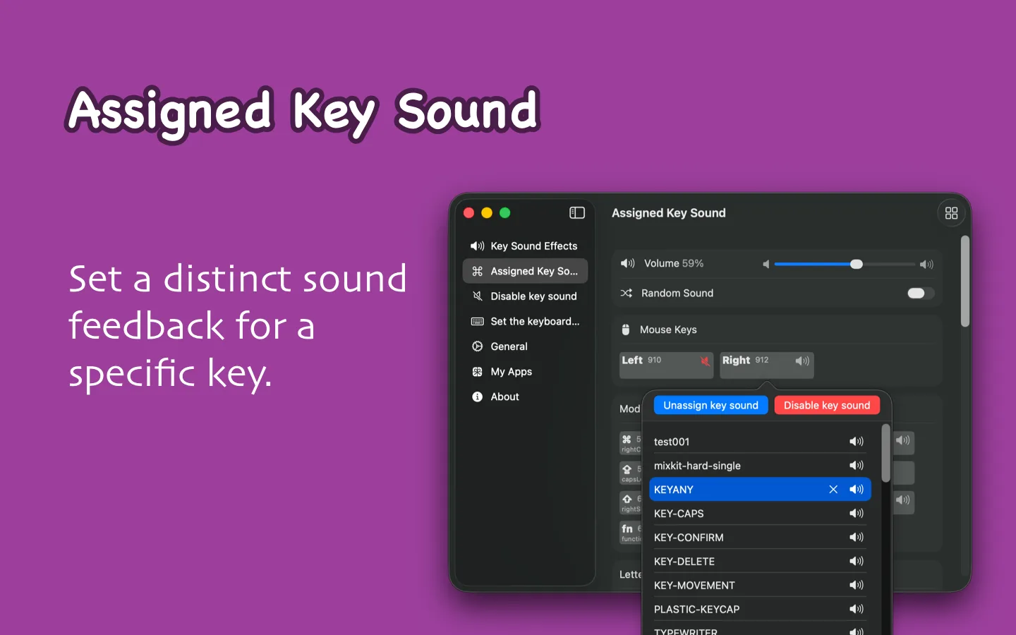 KeyClicker:Mac 打字音效工具,按鍵敲出機械鍵盤與打字機聲 3 KeyClicker 逐鍵指派音效的選單,可對單一按鍵選擇或取消指派音效