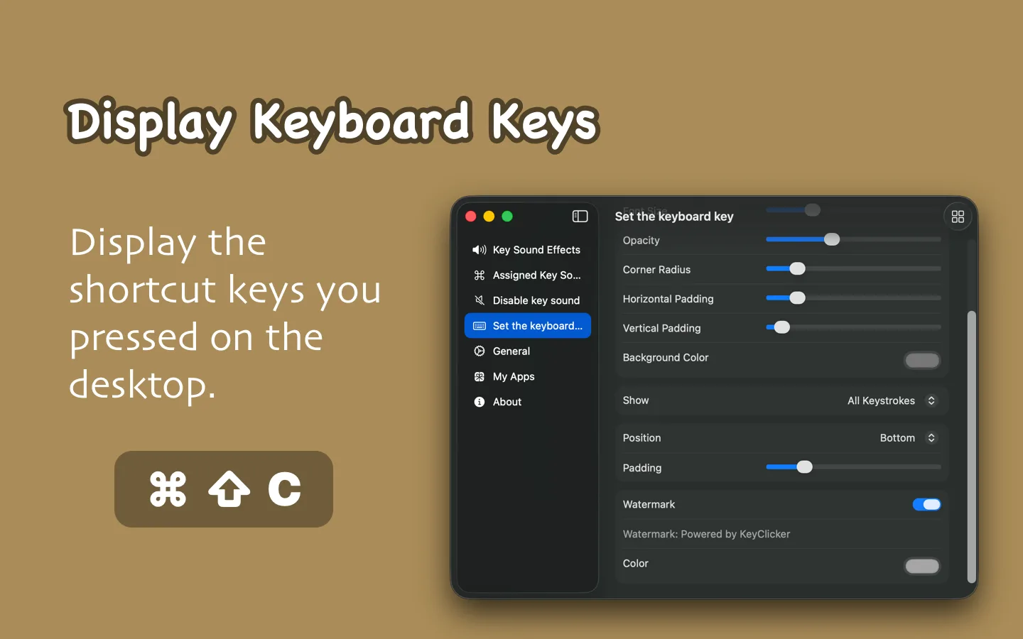 KeyClicker:Mac 打字音效工具,按鍵敲出機械鍵盤與打字機聲 4 KeyClicker 按鍵顯示浮層的樣式設定頁,含透明度、圓角、位置與浮水印開關