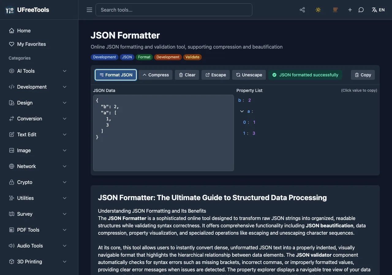 UFreeTools 原始碼在本機跑起來的 JSON Formatter 頁面