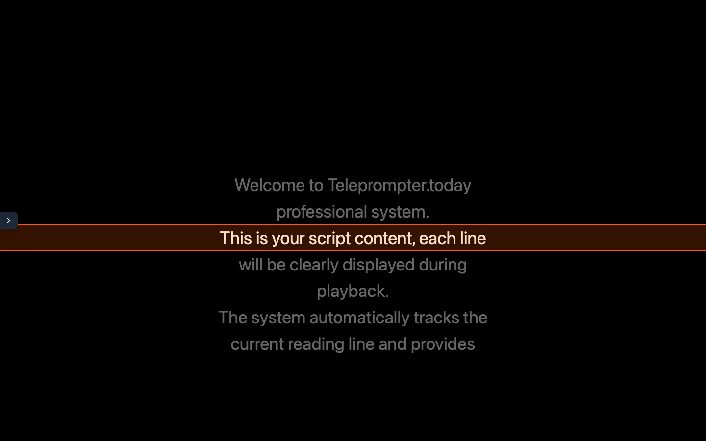 免費提詞器 Teleprompter.today 實測:逐行高亮,包裝別全信 3 Teleprompter.today 播放畫面,目前行以橘色外框高亮,其餘行為灰色