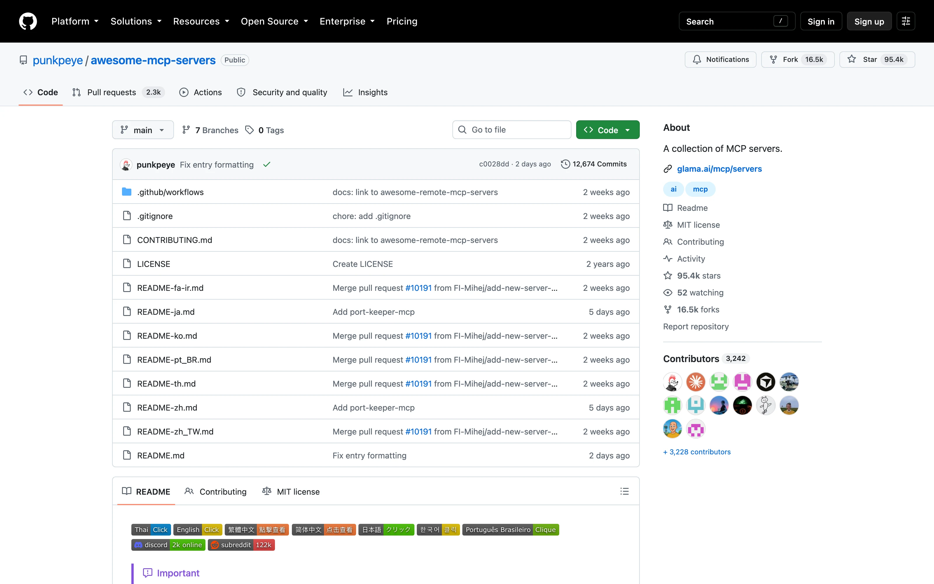 MCP 伺服器去哪找?實測 Awesome MCP Servers 的收錄規則 2 GitHub 上 punkpeye/awesome-mcp-servers 倉庫首頁,顯示 95.4k 星數與 README 頂部的多語言徽章