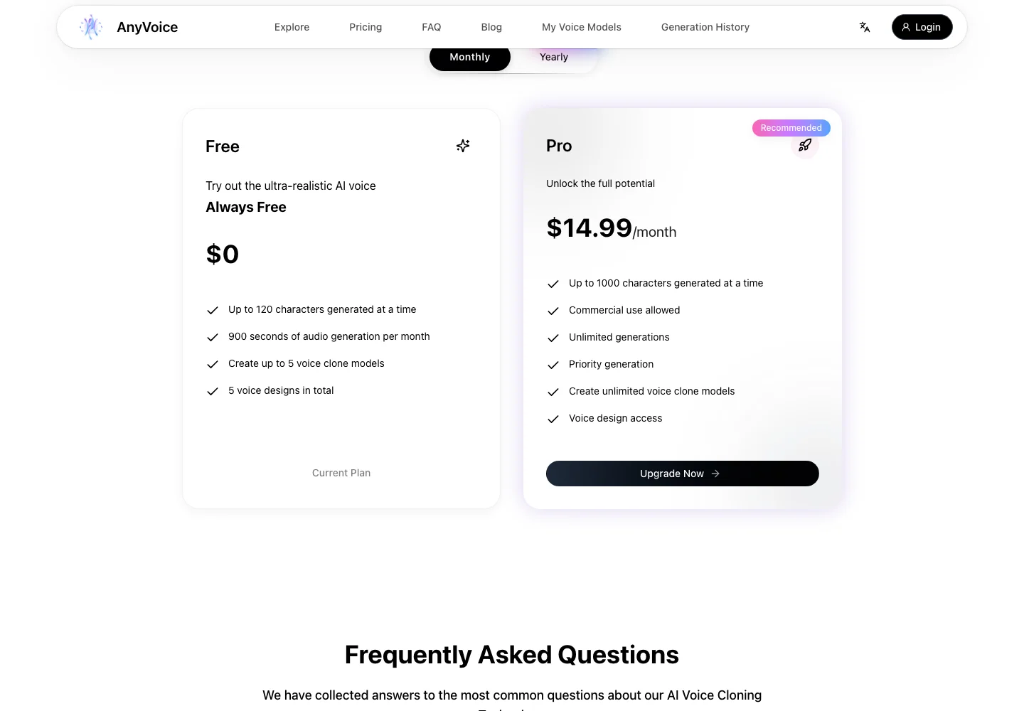 AnyVoice 定價頁畫面，免費方案標示 Always Free 單次 120 字元，Pro 方案每月 14.99 美元單次 1000 字元