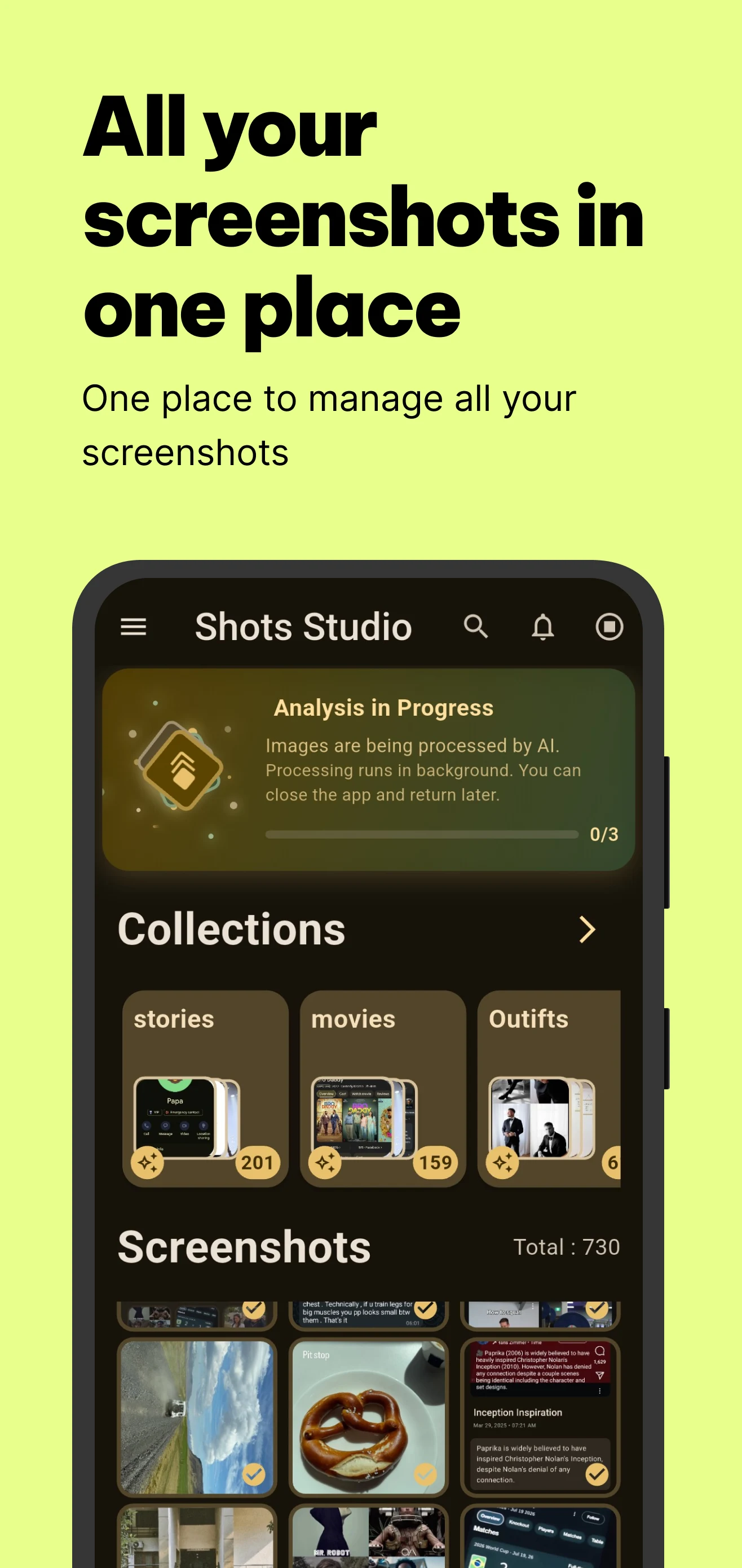 Shots Studio 開源截圖管理 App,把截圖變成可搜尋的資料庫 2 Shots Studio 官方宣傳圖,手機介面顯示截圖縮圖列表、AI 分析進度與 Collections 集合分類