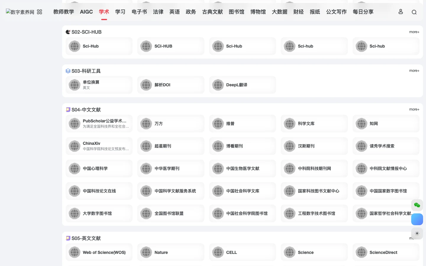數智學術:中國學術資源導航站,看清 324 個入口收了什麼 2 數智學術分類牆的 S02 到 S05 分區,連結卡以圖示加說明文字排列