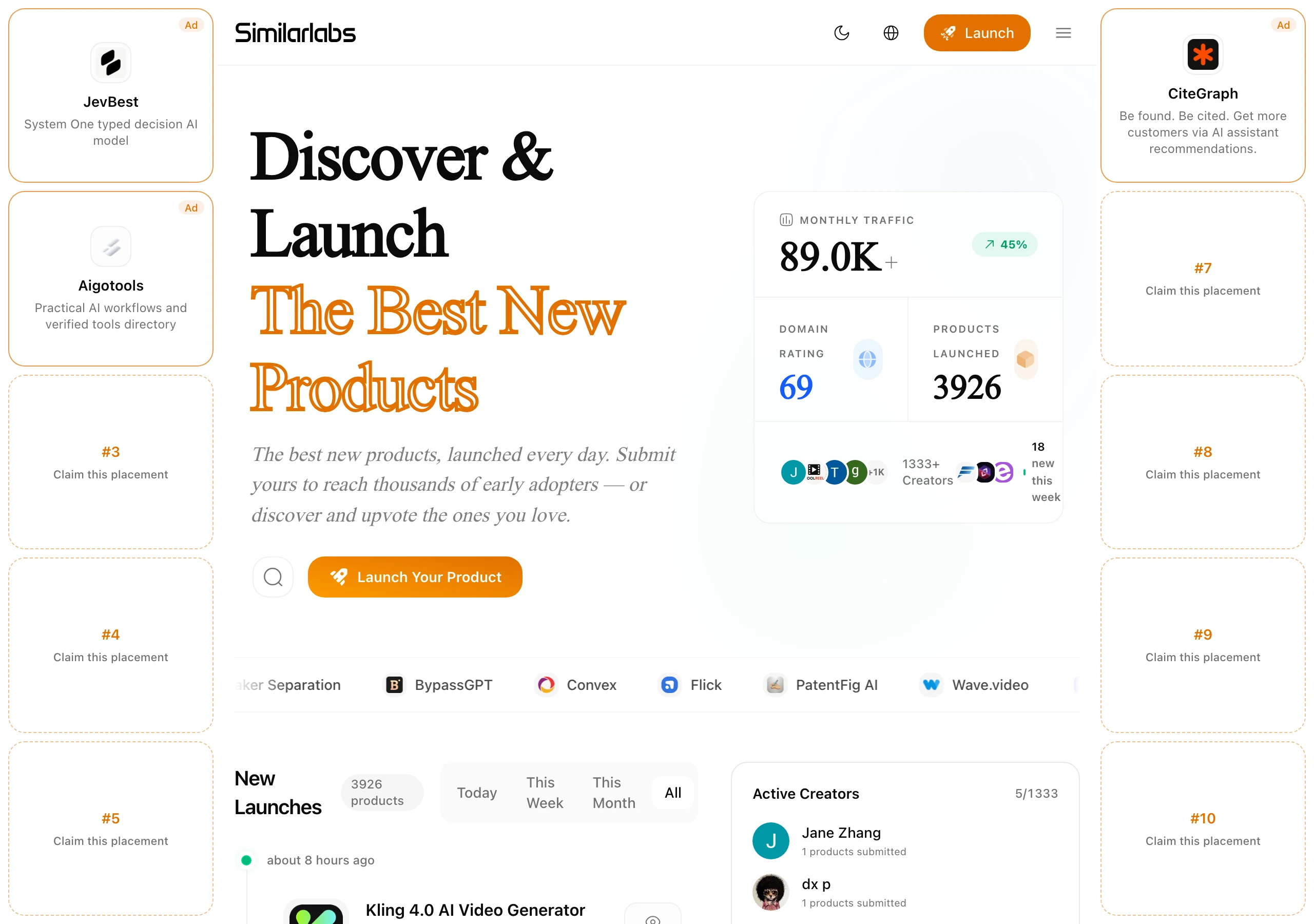 SimilarLabs 首頁：Discover and Launch 標題、月流量 89.0K、網域評分 69、3,926 個產品統計卡，左右側欄為 Aigotools 與 JevBest 等廣告版面