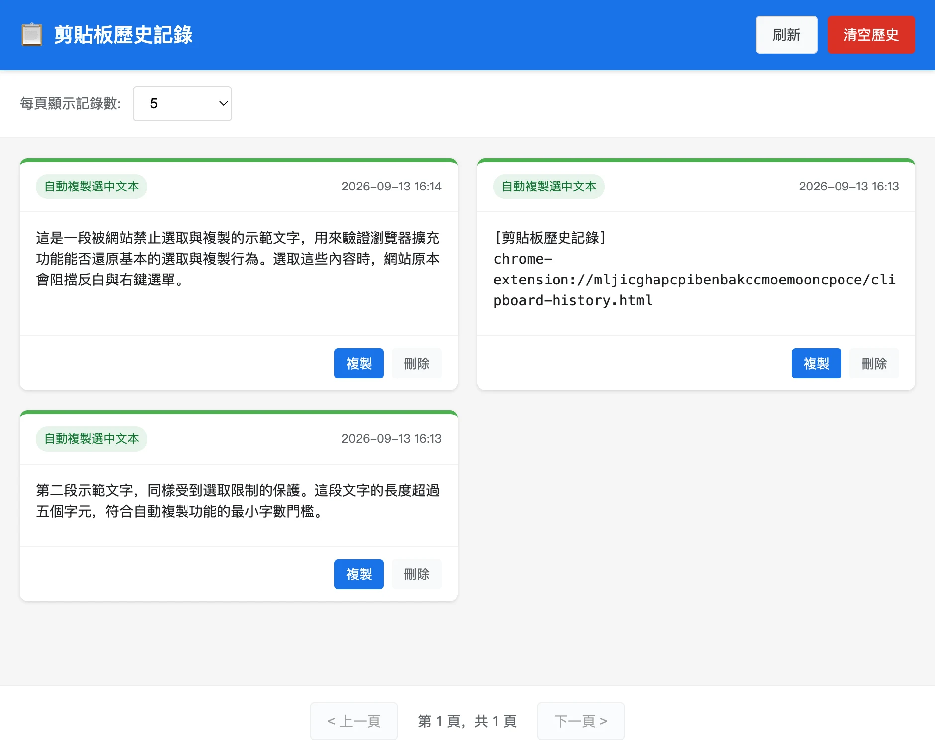 SmartCopy 擴充實測:解除網頁複製限制,自動複製預設開啟 3 SmartCopy 剪貼簿歷史記錄頁面,顯示自動複製產生的條目與來源標籤,右上角有重新整理與清空歷史按鈕
