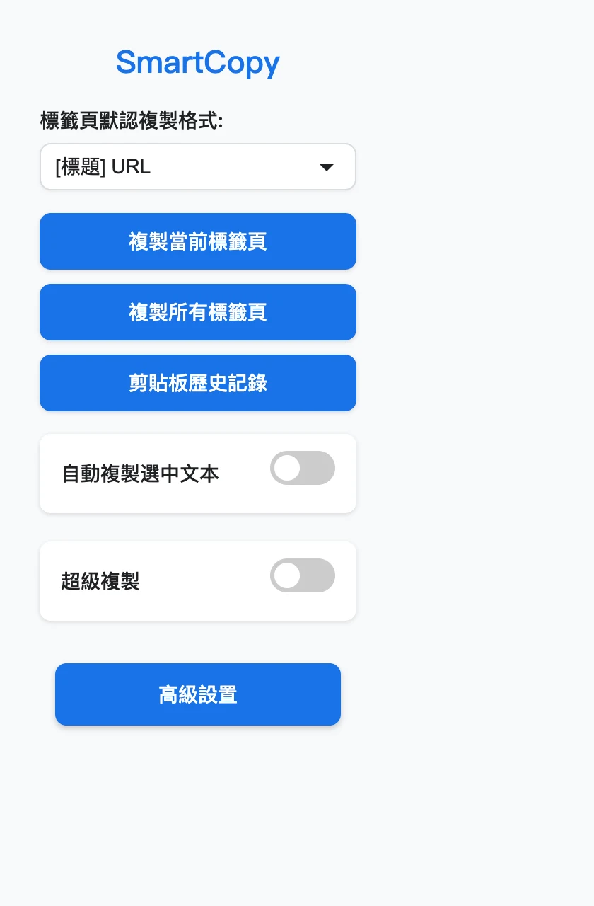 SmartCopy 擴充實測:解除網頁複製限制,自動複製預設開啟 2 SmartCopy 擴充功能面板,提供標籤頁預設複製格式下拉選單、複製當前與所有標籤頁按鈕、自動複製與超級複製開關