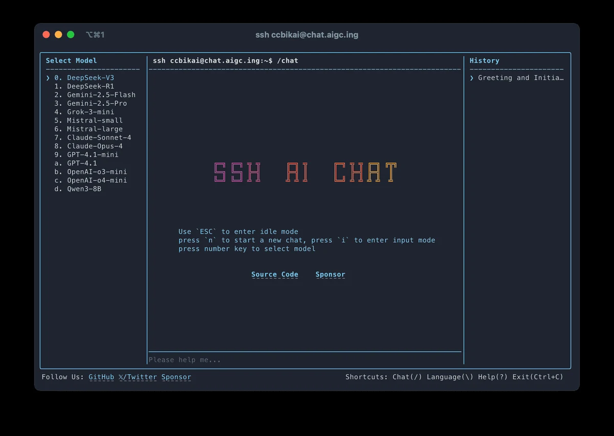 SSH AI Chat:一行 ssh 指令聊 AI,鑰匙掛在 GitHub 帳號 3 SSH AI Chat 英文介面官方截圖:三欄式終端機畫面,左欄 Select Model 面板游標停在 DeepSeek-V3,中欄顯示 SSH AI CHAT 標題與操作說明