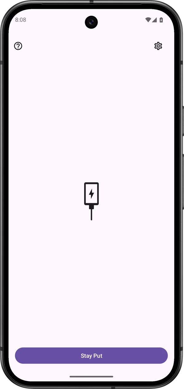 Stay Put 的 Android 主畫面，中央是 Stay Put 布防按鈕，介面為英文