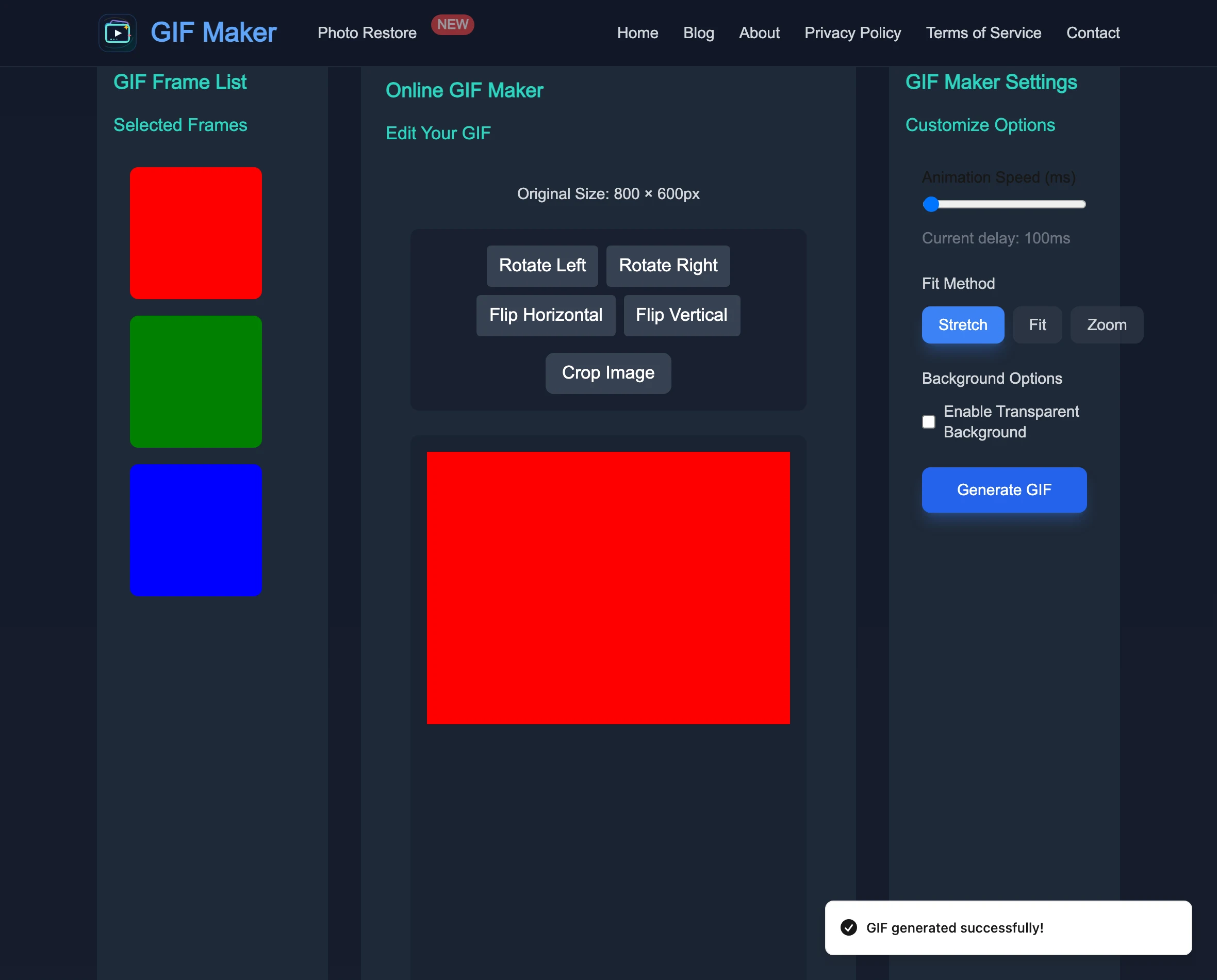 GIF Maker Free:多張圖免費接成 GIF,實測圖片不出瀏覽器 3 GIF Maker Free 生成完成畫面,右下角出現 GIF generated successfully 成功提示,設定面板顯示速度滑桿與透明背景開關