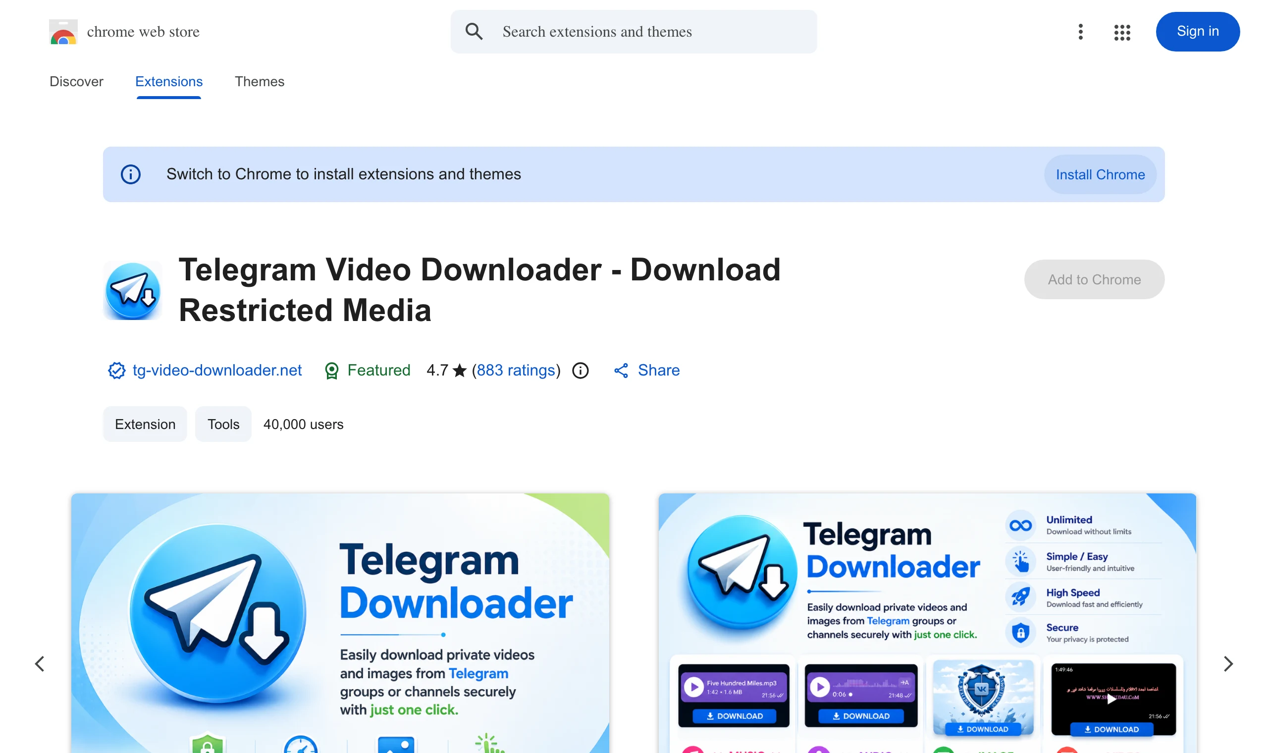 Chrome 線上應用程式商店的 TG Downloader 頁面，顯示 4.7 星 883 則評分、40,000 位使用者與 Featured 標章