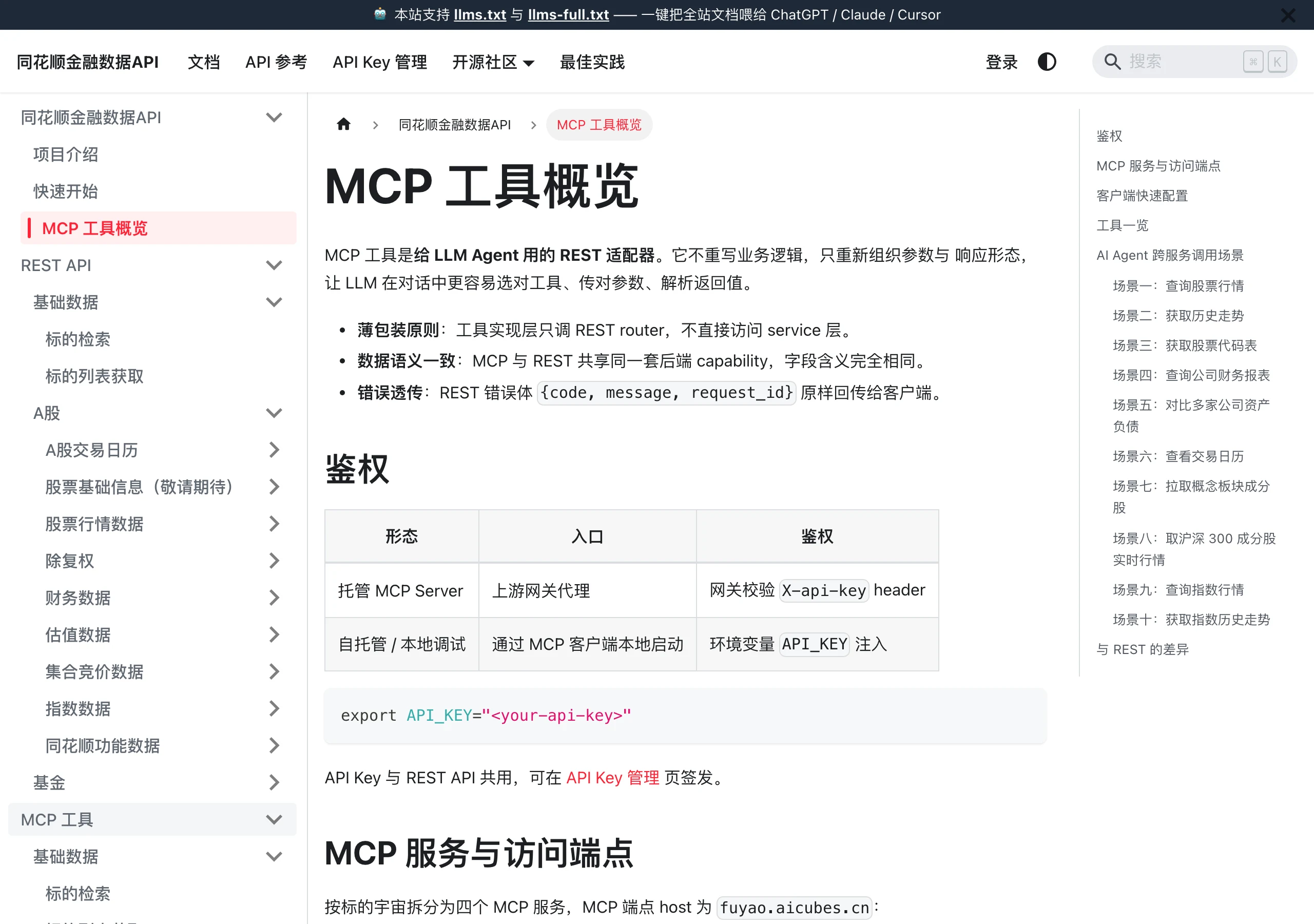 同花順金融資料 API 實測:把 A 股行情與財報餵給 AI Agent 3 同花順金融資料 API 的 MCP 工具概覽文檔頁面,左側為完整導覽選單,右側列出鑑權、工具一覽與各種使用場景的目錄