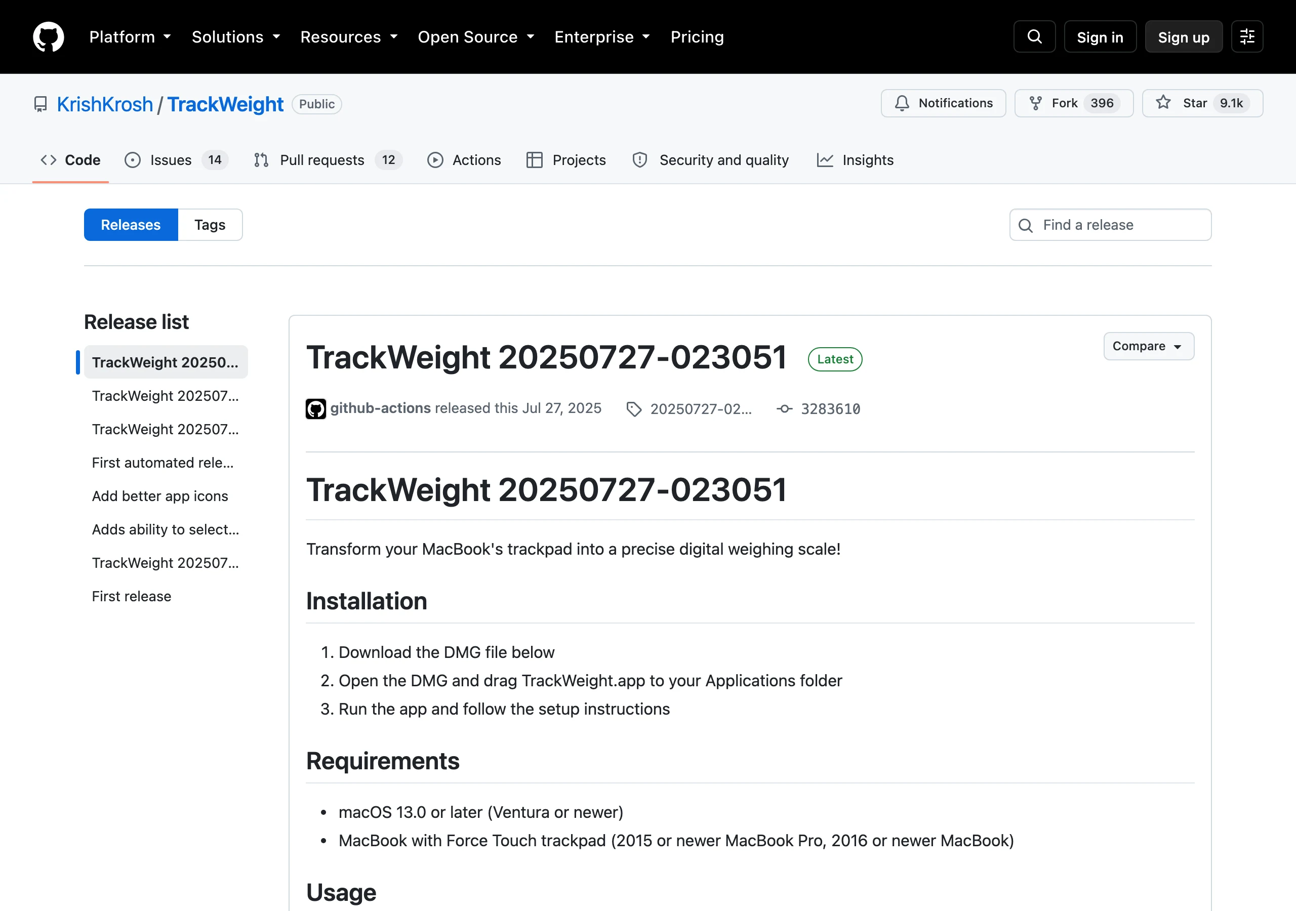 MacBook 觸控板變電子秤:開源工具 TrackWeight 把壓力讀成公克 3 TrackWeight 的 GitHub Releases 頁面截圖,左側版本列表列出多個 2025 年 7 月的版本,最新版 TrackWeight 20250727-023051 標記 Latest,由 github-actions 於 2025 年 7 月 27 日發布