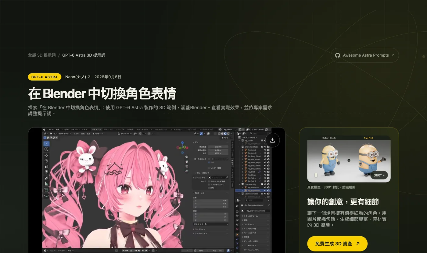 Tripo 上線 Astra 3D 提示詞庫,標明逐字與整理兩種來源 3 Tripo 提示詞庫中 Nano 案例的詳情頁頂部,標題為在 Blender 中切換角色表情,標籤 GPT-6 Astra,作者 Nano(ナノ),日期 2026 年 9 月 6 日,主圖為 Blender 介面中的動漫角色模型與綁定大綱面板