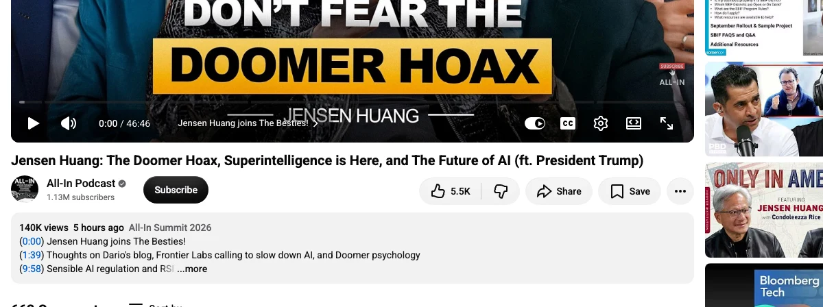 川普擴音來電說 AI 末日論是騙局,黃仁勳反的是另一件事 2 All-In Podcast YouTube 頻道 2026 年 9 月 14 日上傳的完整集數頁面,標題為 Jensen Huang: The Doomer Hoax, Superintelligence is Here, and The Future of AI (ft. President Trump),片長 46 分 46 秒,官方章節顯示第 22 分 58 秒為川普總統即時來電