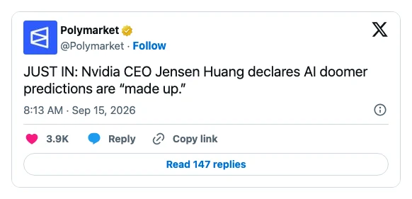 川普擴音來電說 AI 末日論是騙局,黃仁勳反的是另一件事 4 Polymarket 的 X 帳號 2026 年 9 月 15 日張貼的現場片段:輝達執行長黃仁勳表示 AI 末日預測是「編造的」(made up)