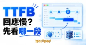 以分段等待時間及網路、伺服器卡片呈現 TTFB 排查方向的概念圖