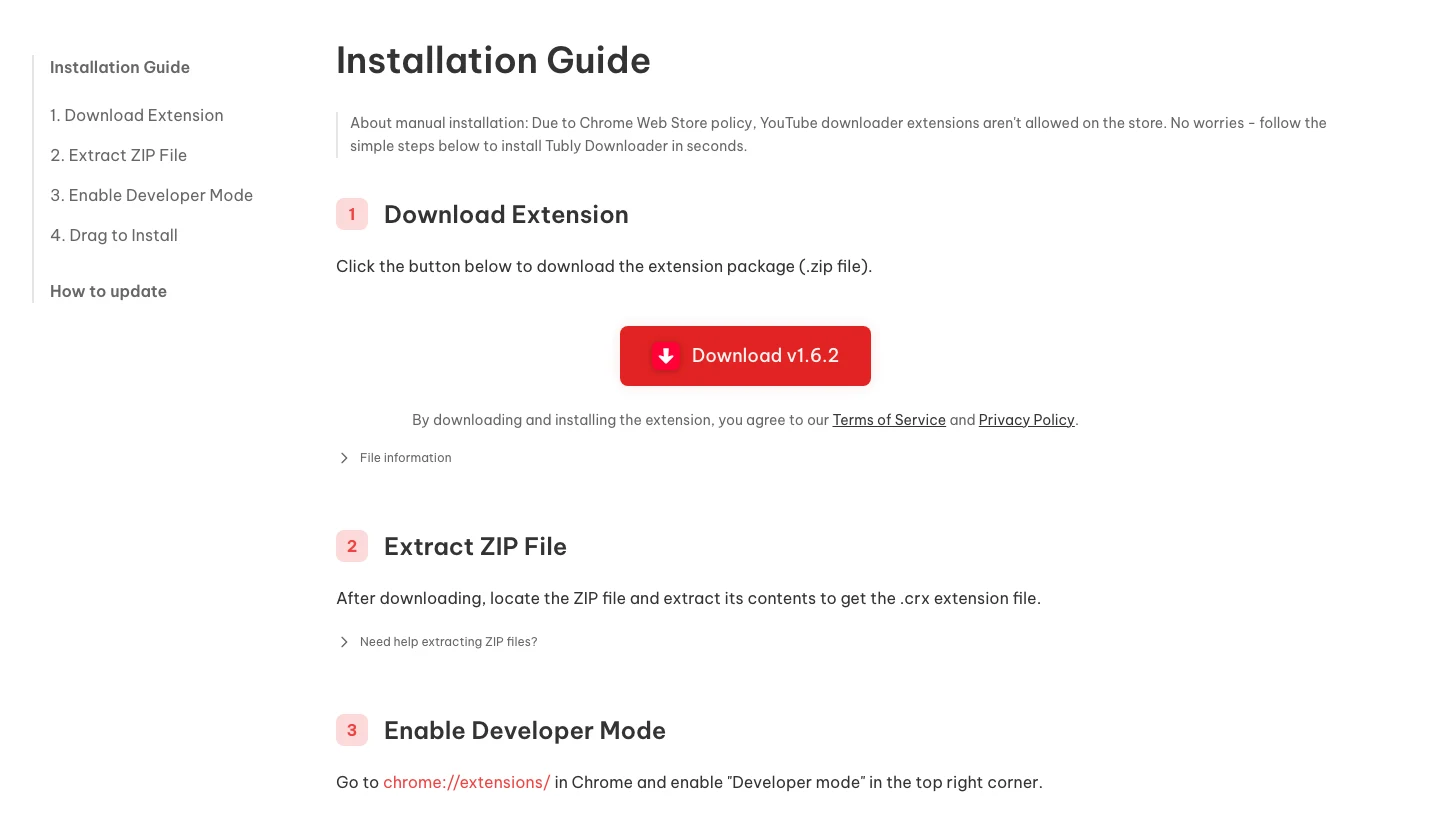 Tubly 官方安裝指南：下載 zip、解出 crx、開啟開發人員模式後拖入 Chrome 的側載步驟