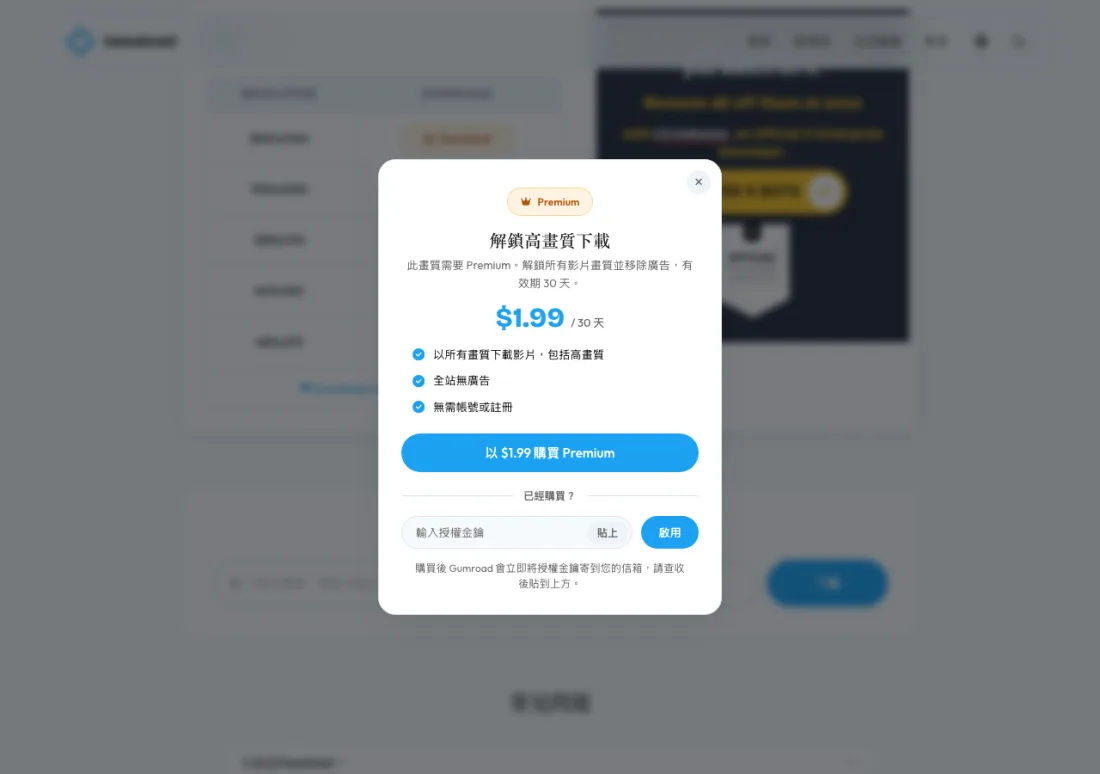 Tweeload 的 Premium 升級視窗，1.99 美元 30 天，解鎖所有畫質與移除廣告