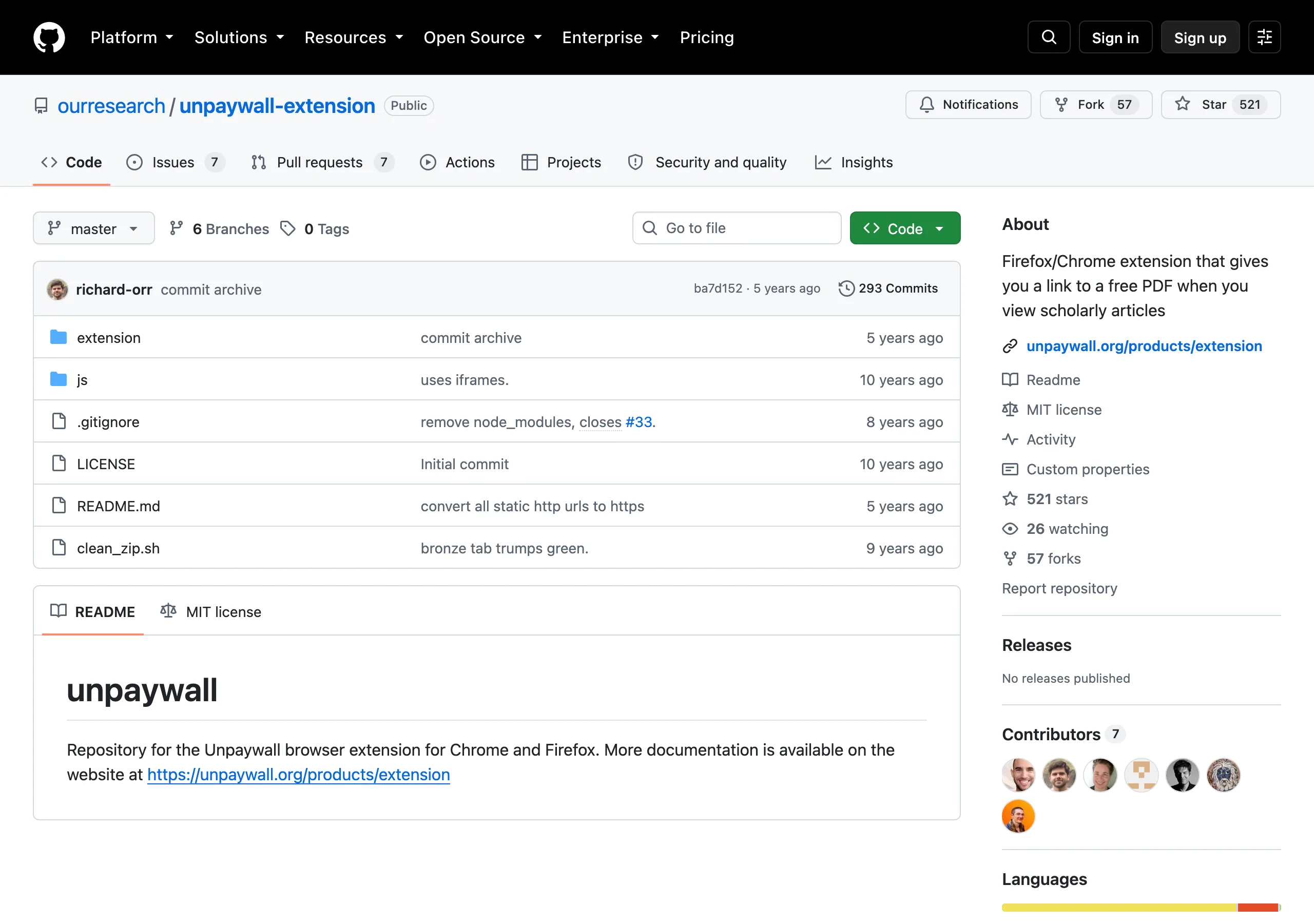 Unpaywall 論文查找工具,撞到付費牆先確認有沒有免費版 3 GitHub 上 ourresearch/unpaywall-extension 儲存庫頁面,顯示 MIT 授權與最後提交時間