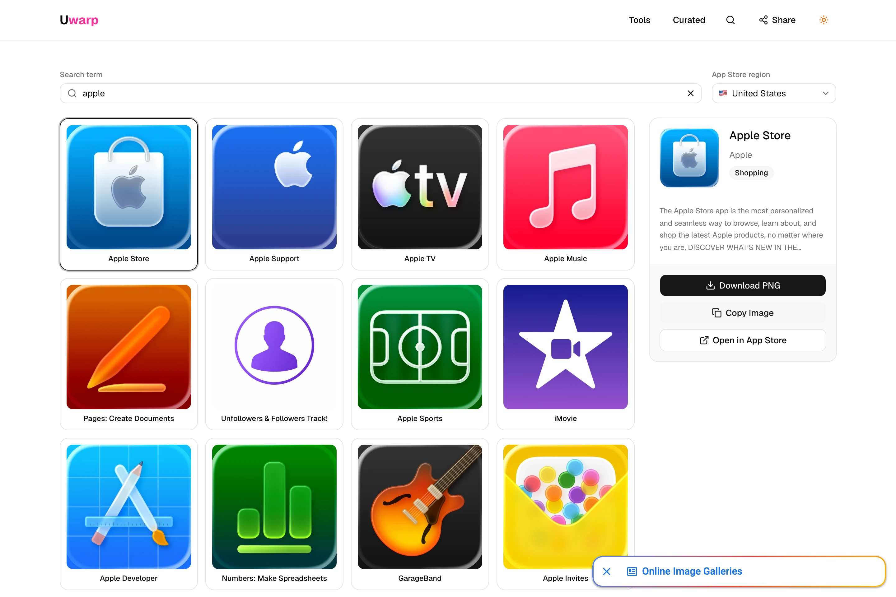 Logo Hunter 網頁版介面，搜尋 apple 後顯示四欄圖示結果網格與右側預覽面板，面板上有 Download PNG、Copy image 與 Open in App Store 三個按鈕
