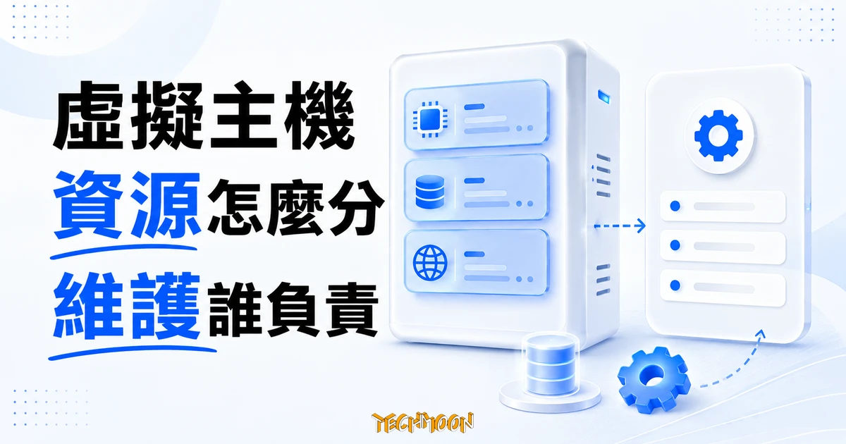 虛擬主機是什麼?先分清資源與維護分工 1 虛擬主機資源與維護分工概念圖,以伺服器卡片及齒輪面板呈現資源配置和管理服務。