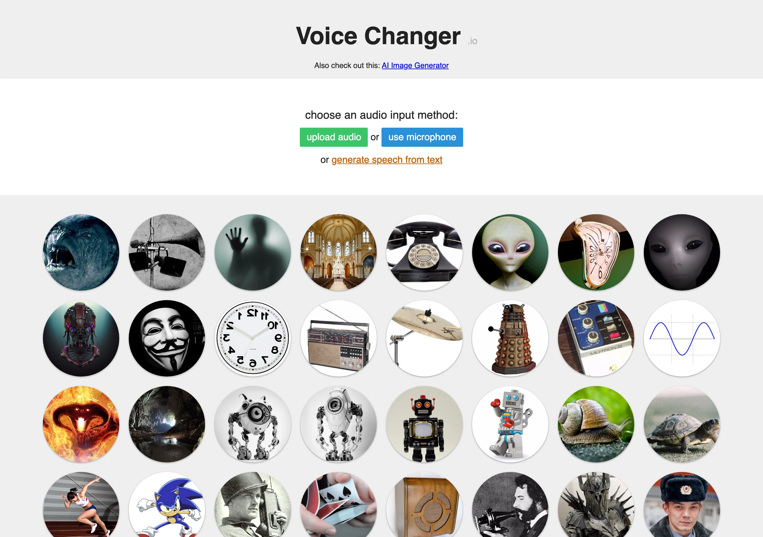 Voice Maker 免費線上變聲器,46 種效果自由堆疊、可商用 2 voicechanger.io 首頁的一鍵式變聲效果圖示牆