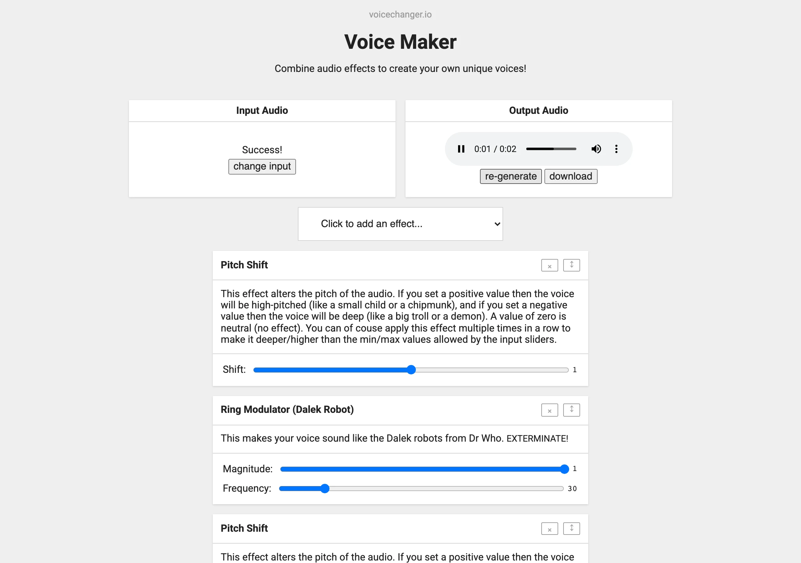 Voice Maker 免費線上變聲器,46 種效果自由堆疊、可商用 4 Voice Maker 輸出音檔播放與下載介面