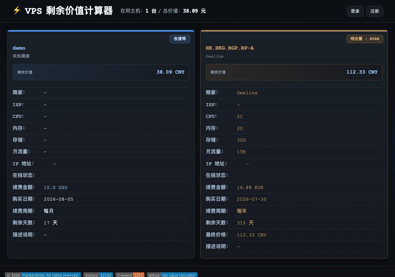 VPS 剩餘價值計算器:開源版實測,把閒置機器的時間價值算成可開價的數字 2 VPS 剩餘價值計算器線上示範站首頁,深色主題卡片列出 demo 與待出售的香港機器 HK.HKG.BGP.RP-A