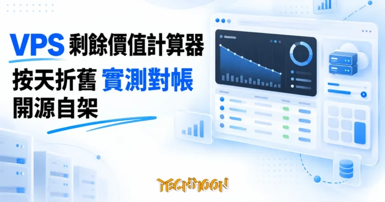 TechMoon 精選圖｜VPS 剩餘價值計算器開源工具，深色技術控制台風格，剩餘價值按天折舊的計算概念