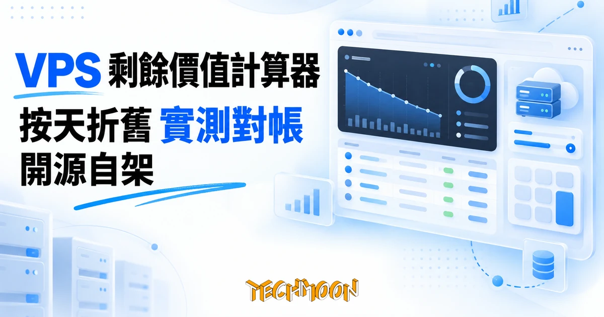VPS 剩餘價值計算器:開源版實測,把閒置機器的時間價值算成可開價的數字 1 TechMoon 精選圖|VPS 剩餘價值計算器開源工具,深色技術控制台風格,剩餘價值按天折舊的計算概念
