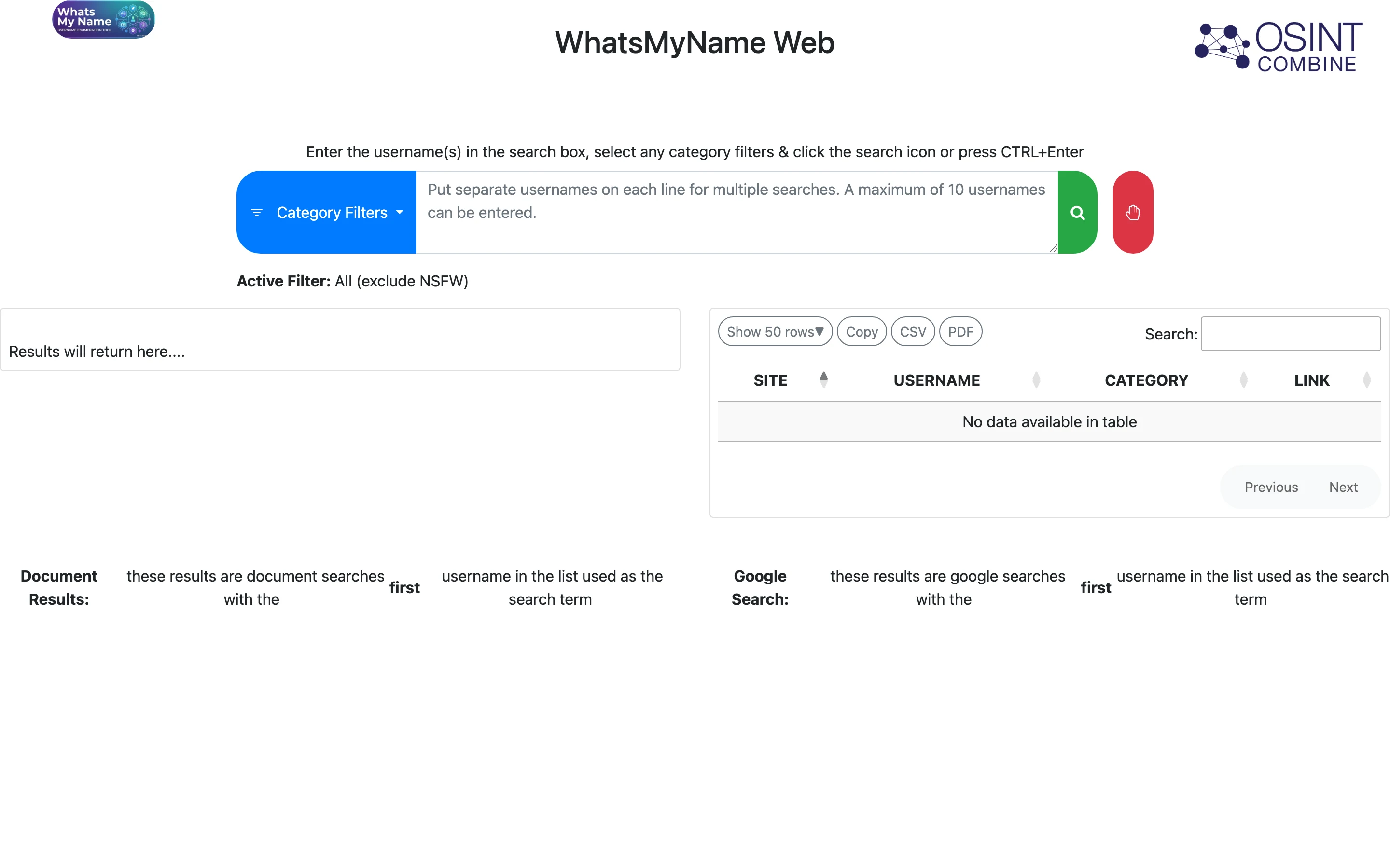 開源官方版 whatsmyname.app 介面：搜尋框、分類過濾與可匯出 CSV 的結果表格（官方網站截圖）
