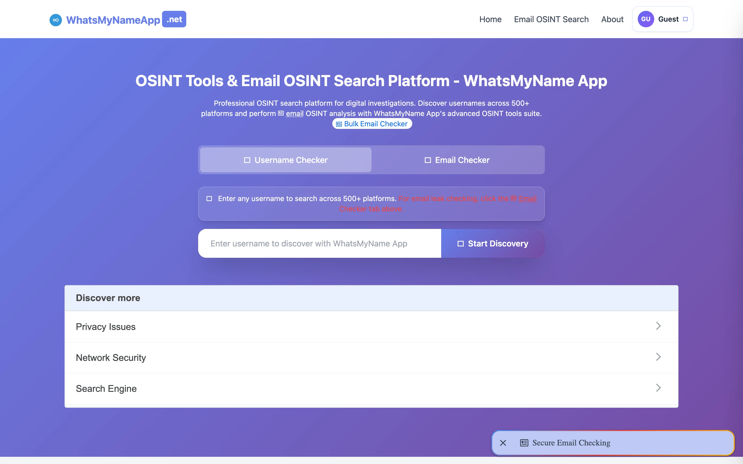 whatsmynameapp.net 首頁：帳號名稱檢查與 Email 檢查雙分頁的搜尋介面（官方網站截圖）